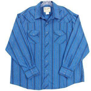 Wrangler Pearl Snap Shirt Mens Sz XXL Blue Silver Metallic Stripes Western Rodeo